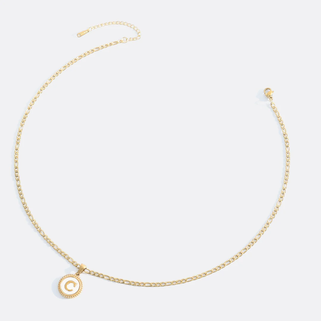 Mother of Pearl Disc Letter Necklace with Figaro Chain - Image 31