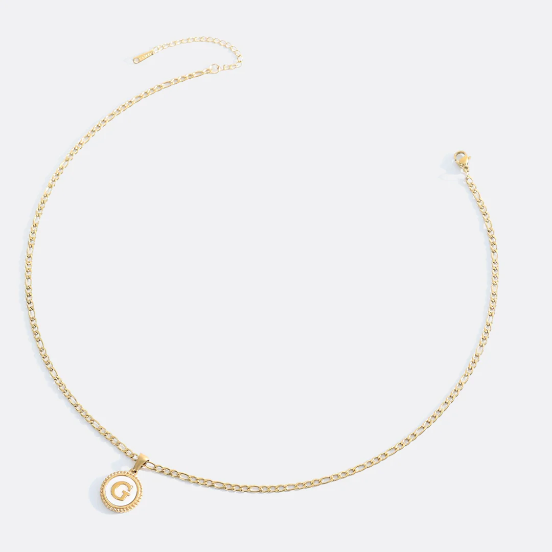 Mother of Pearl Disc Letter Necklace with Figaro Chain - Image 35