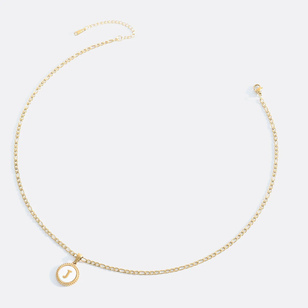 Mother of Pearl Disc Letter Necklace with Figaro Chain - Image 37