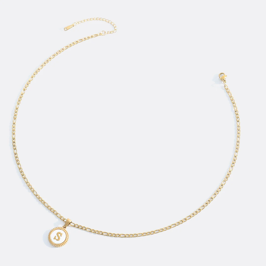 Mother of Pearl Disc Letter Necklace with Figaro Chain - Image 46