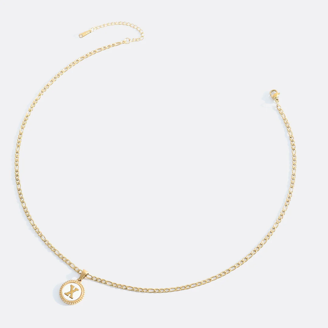 Mother of Pearl Disc Letter Necklace with Figaro Chain - Image 51