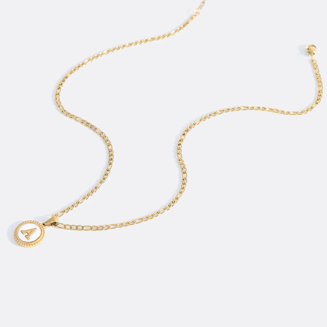 Mother of Pearl Disc Letter Necklace with Figaro Chain - Image 54