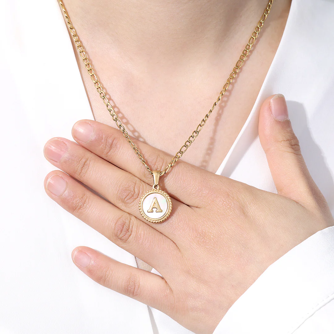 Mother of Pearl Disc Letter Necklace with Figaro Chain - Image 56