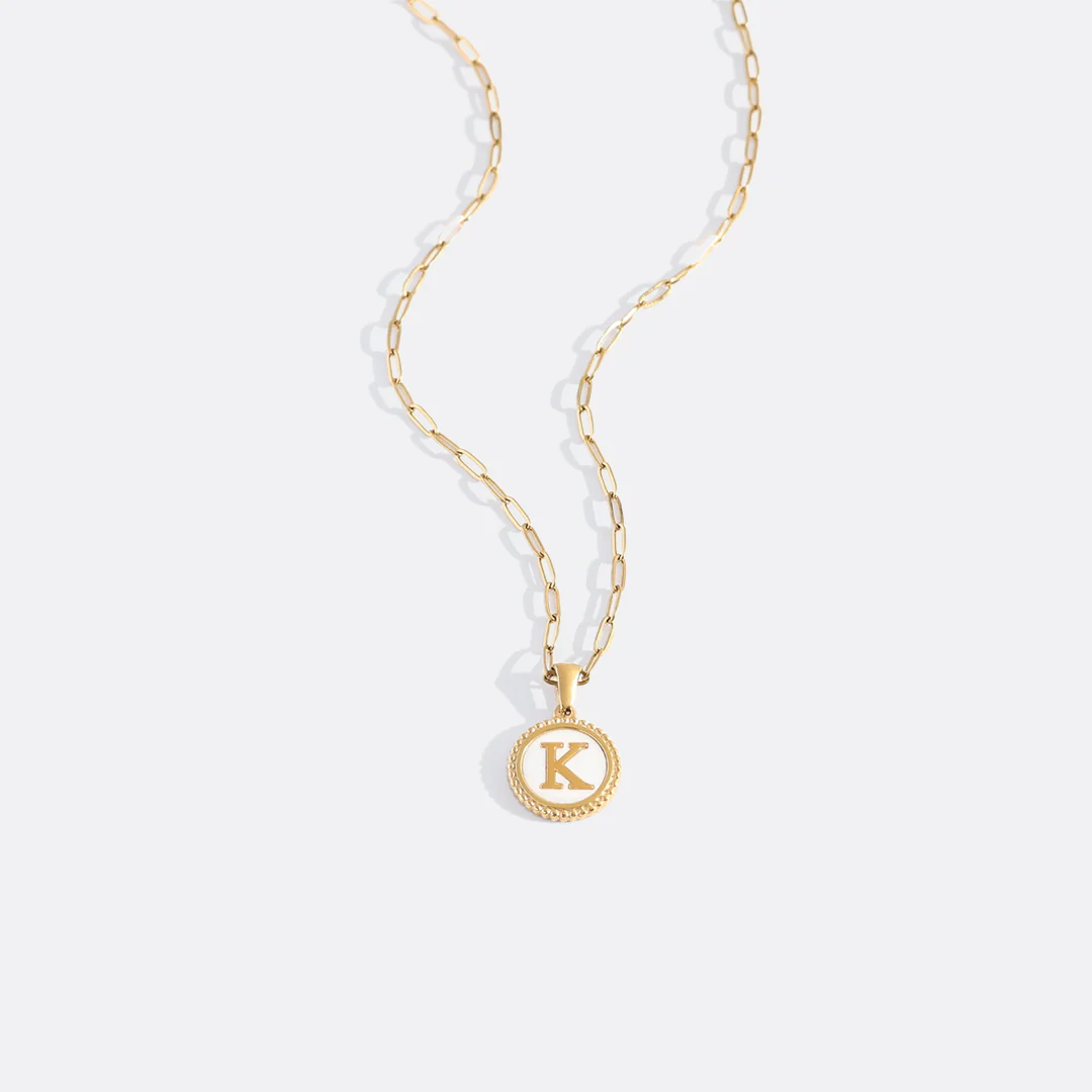 Mother of Pearl Disc Letter Necklace with Paperclip Chain - Image 15