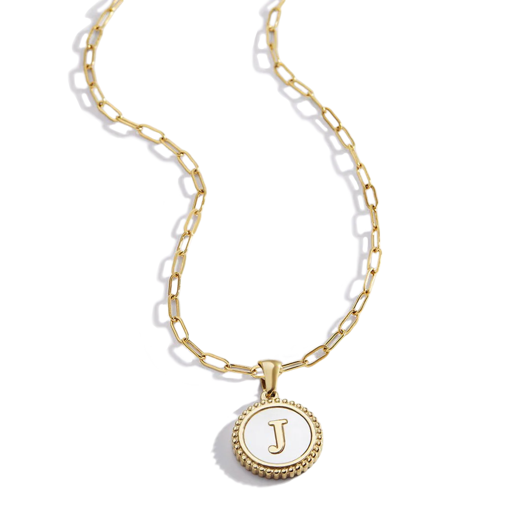 Mother of Pearl Disc Letter Necklace with Paperclip Chain - Image 3
