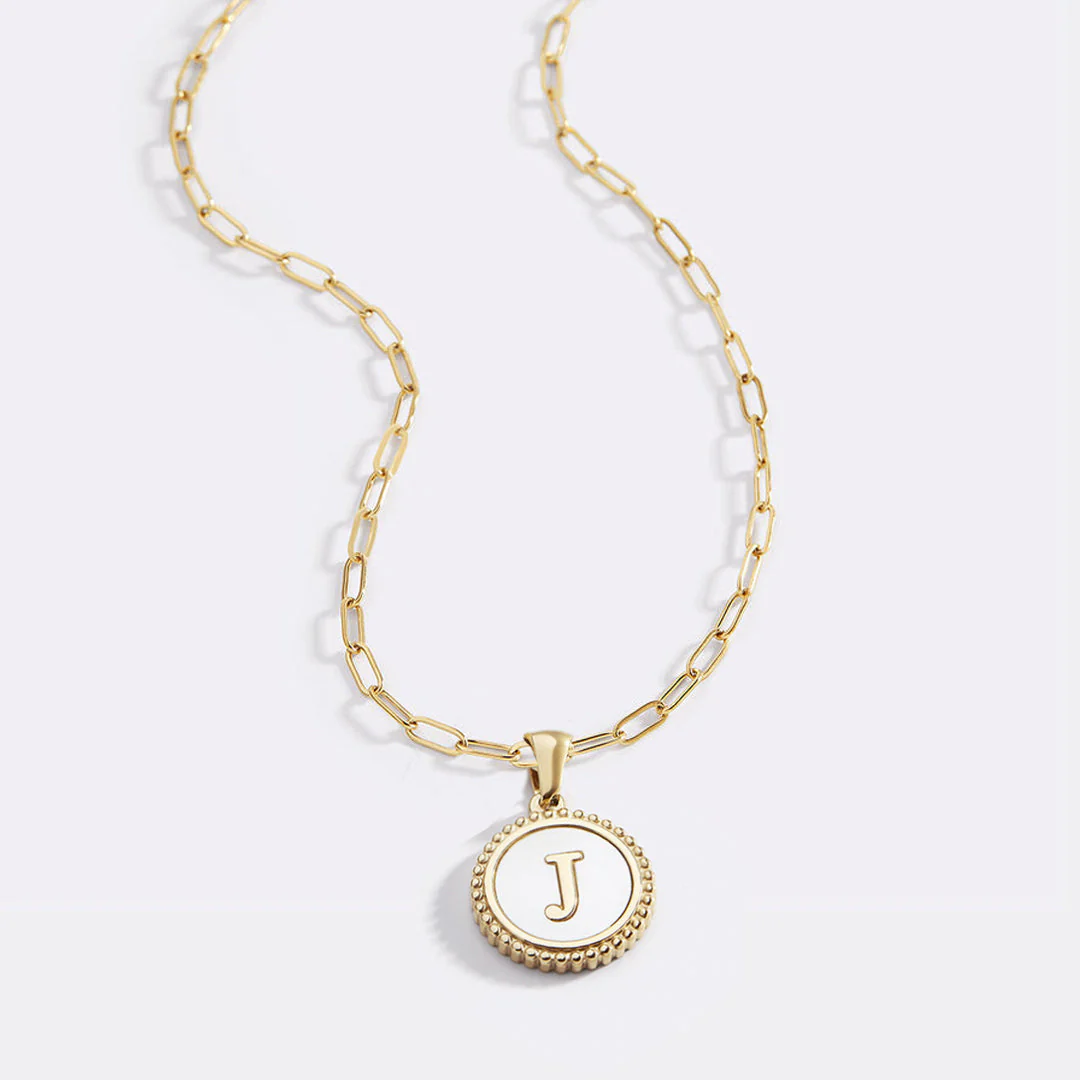 Mother of Pearl Disc Letter Necklace with Paperclip Chain - Image 4