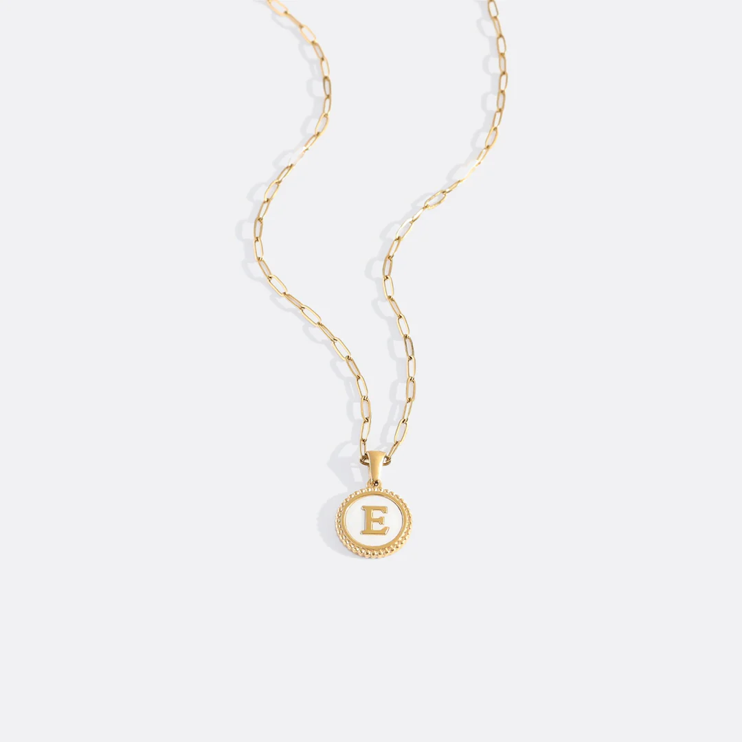Mother of Pearl Disc Letter Necklace with Paperclip Chain - Image 9