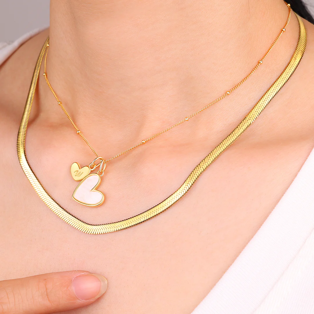 Mother Of Pearl Initial Heart & Herringbone Necklace Set - Image 13