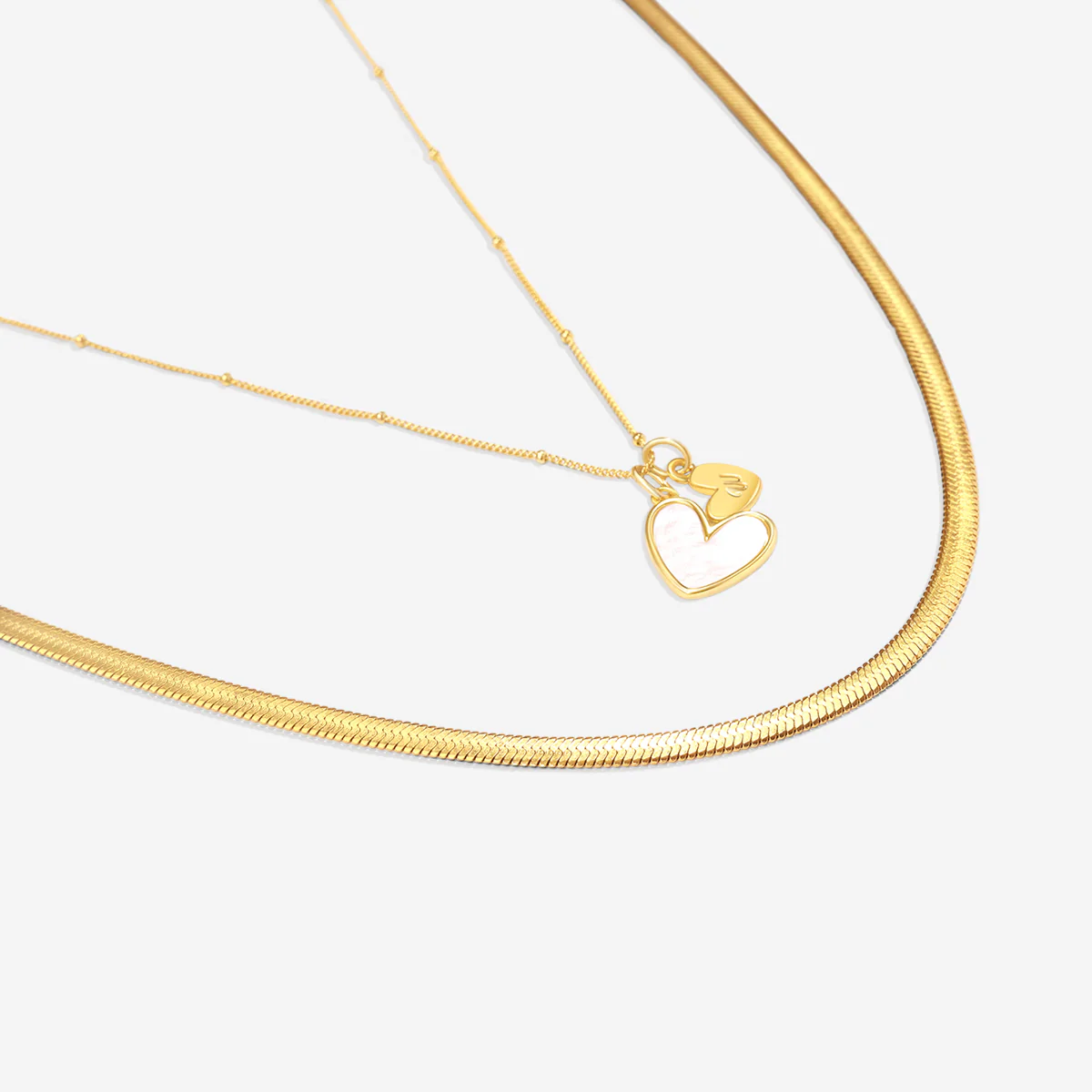 Mother Of Pearl Initial Heart & Herringbone Necklace Set - Image 5