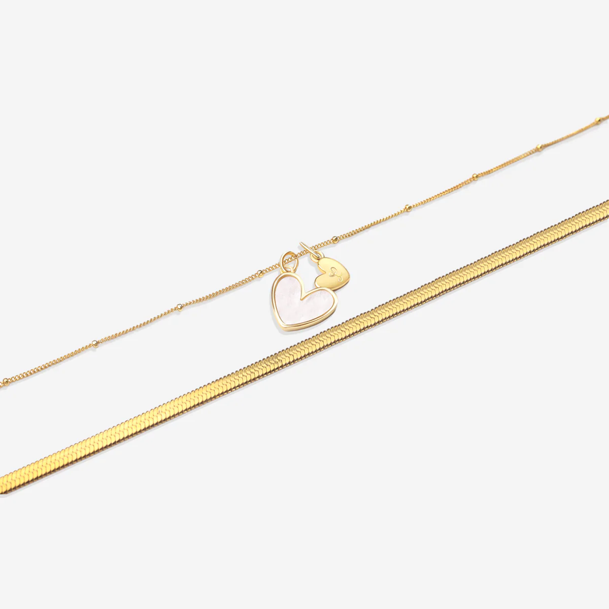 Mother Of Pearl Initial Heart & Herringbone Necklace Set - Image 7