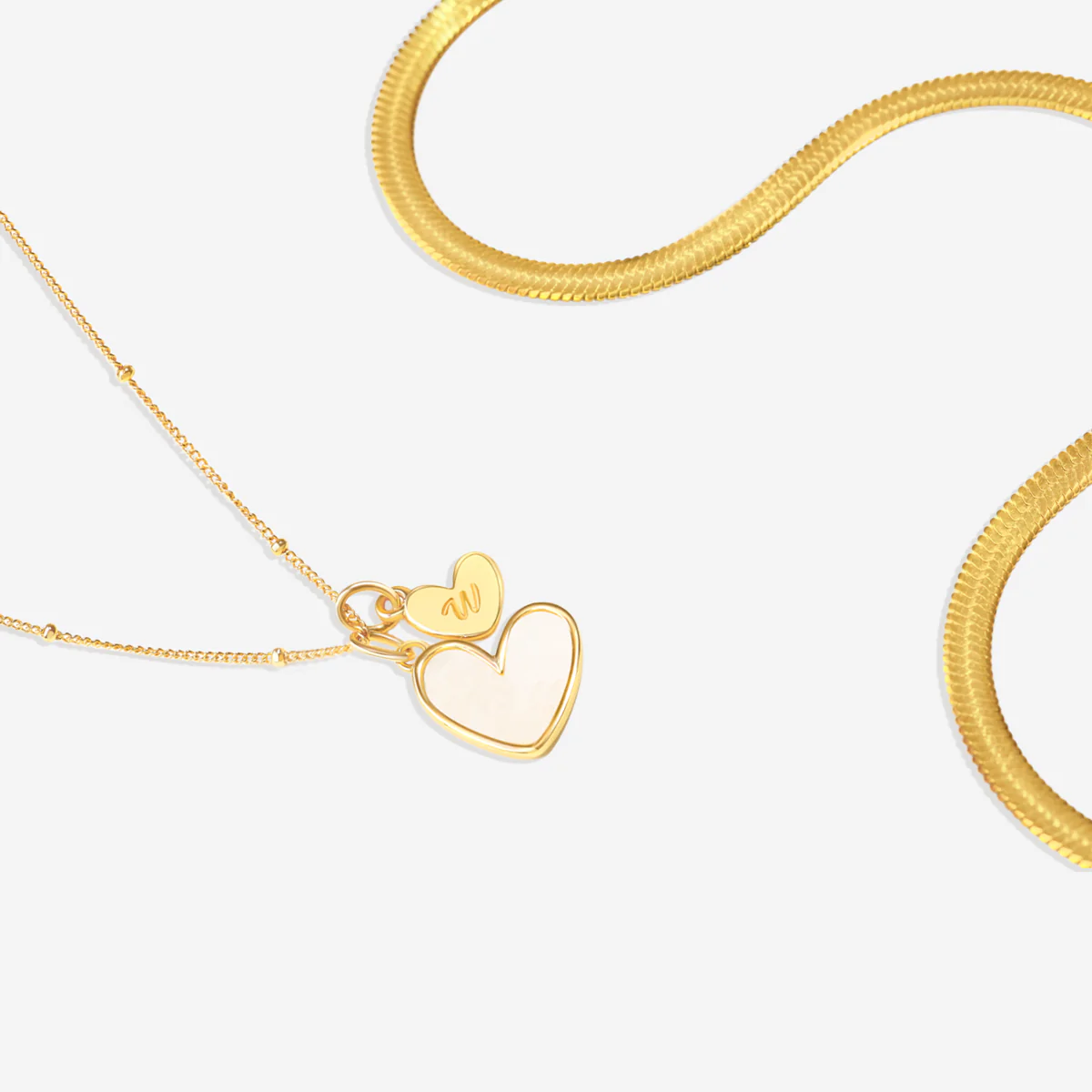 Mother Of Pearl Initial Heart & Herringbone Necklace Set - Image 9
