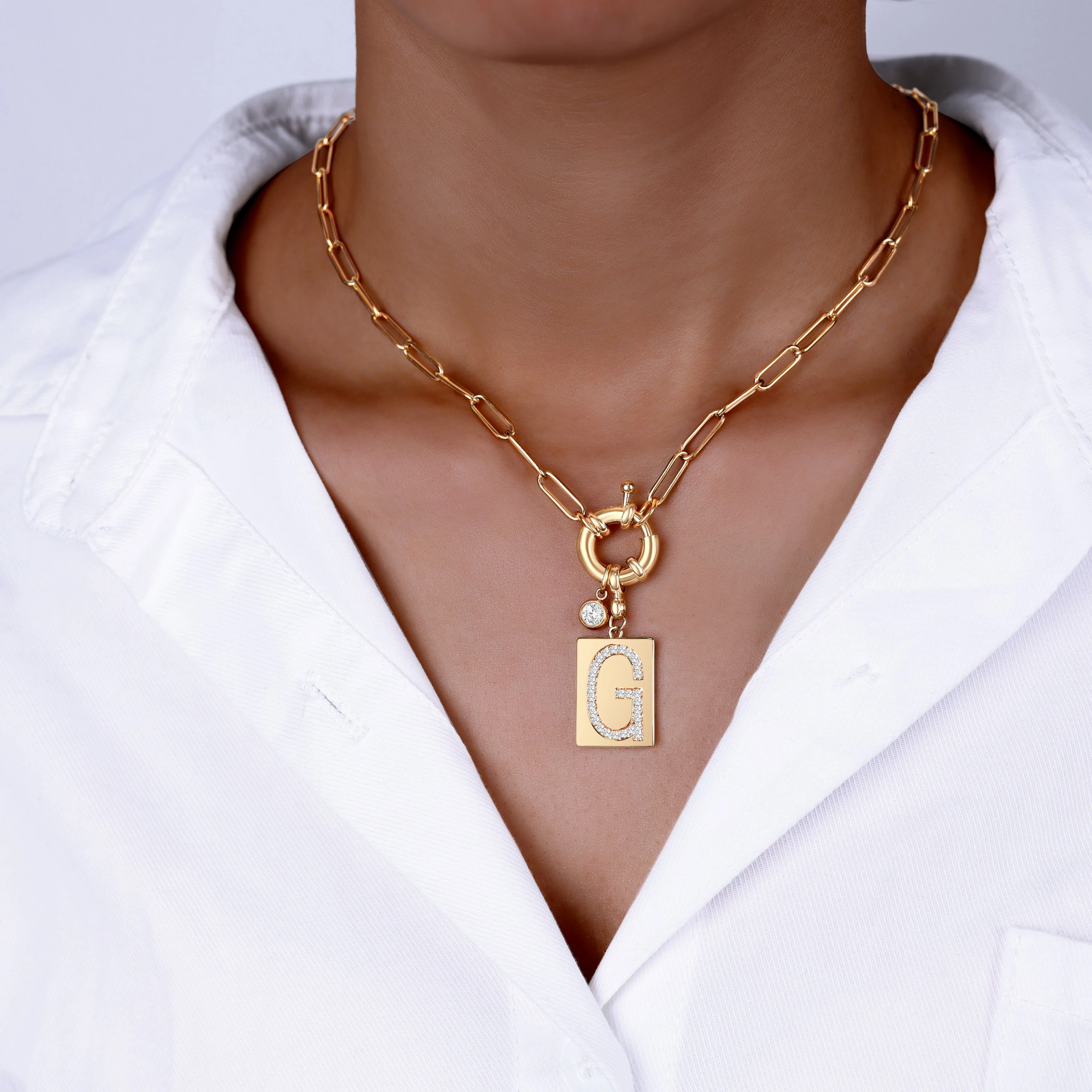 Pave Initial Pendant Necklace with Paperclip Chain - Image 29