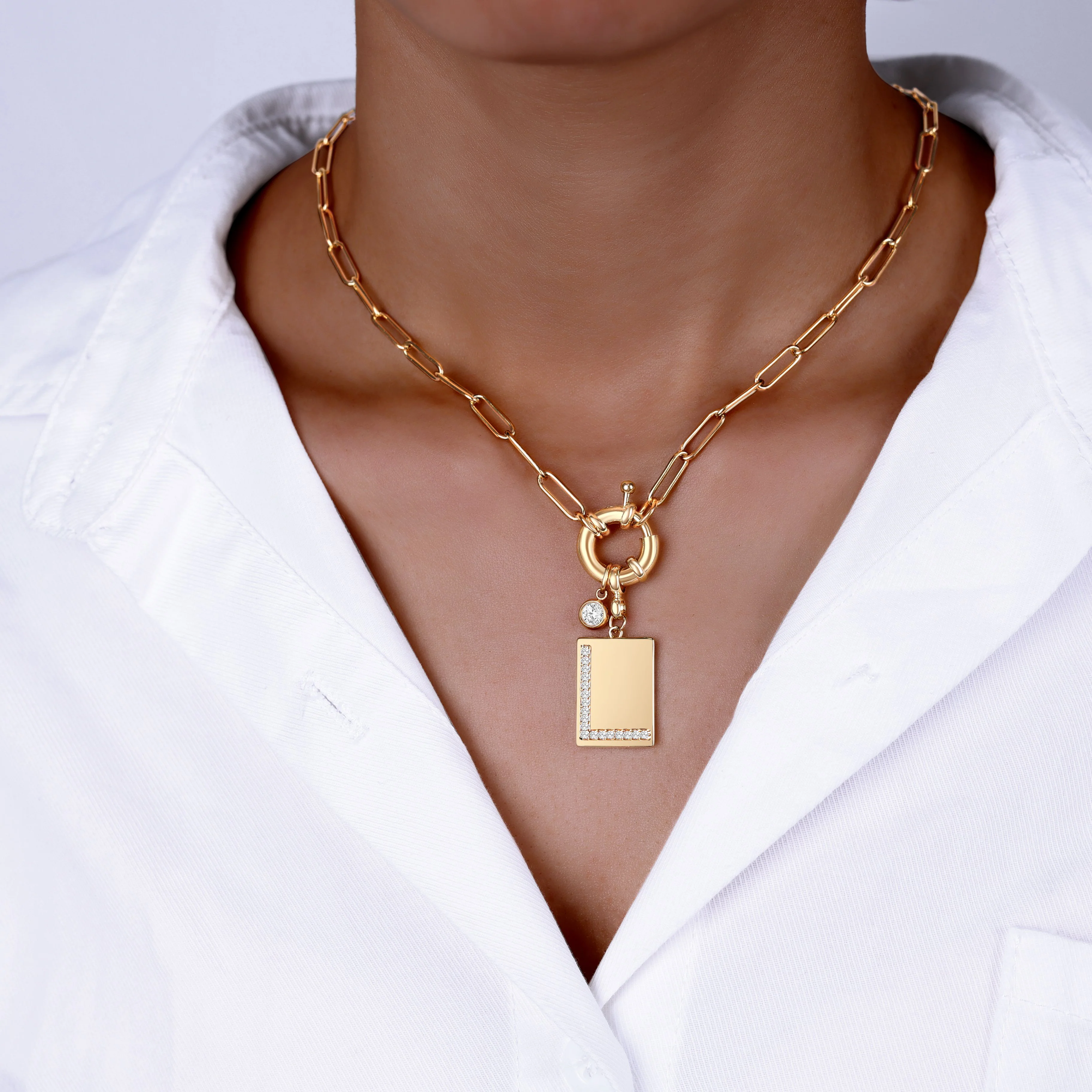 Pave Initial Pendant Necklace with Paperclip Chain - Image 34