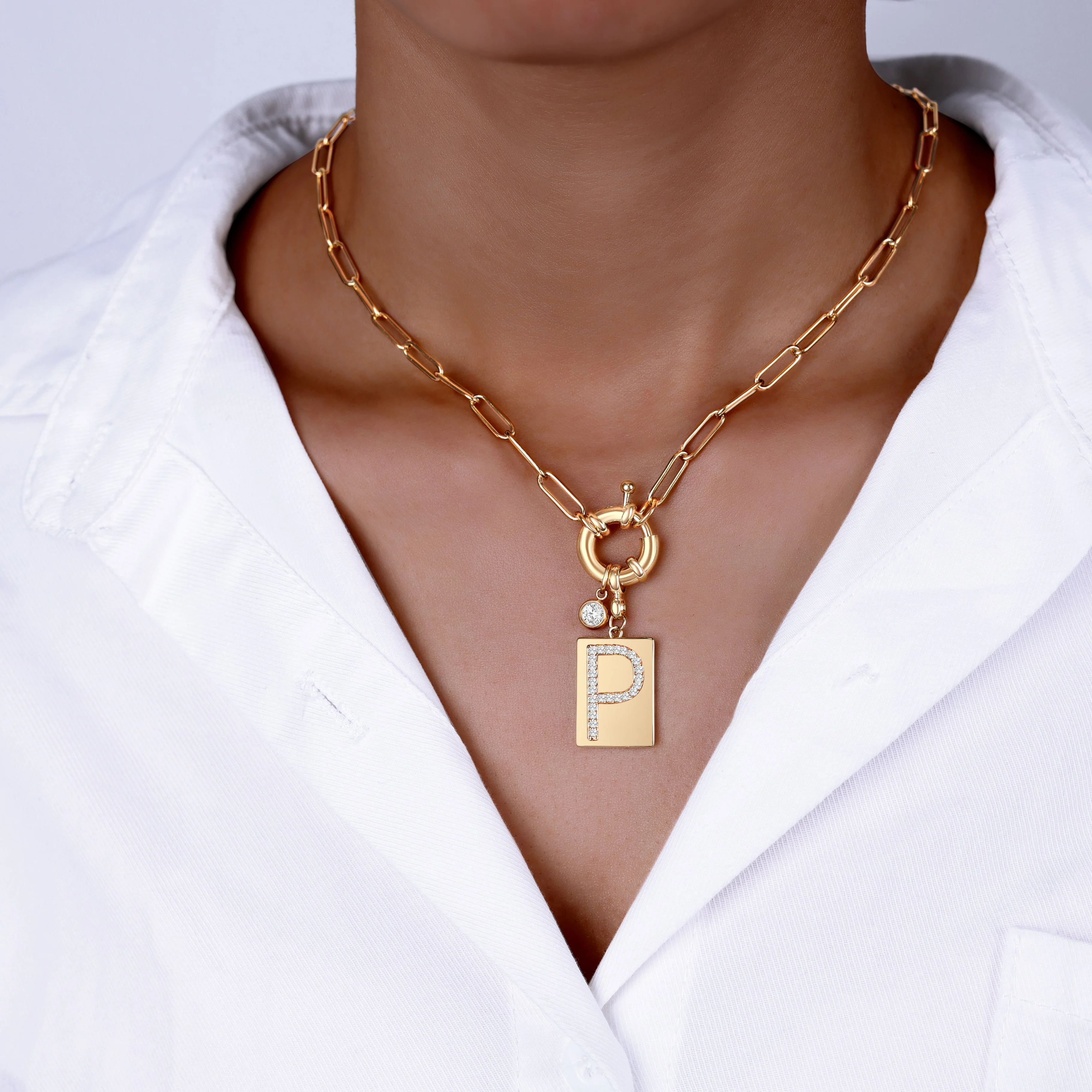 Pave Initial Pendant Necklace with Paperclip Chain - Image 38