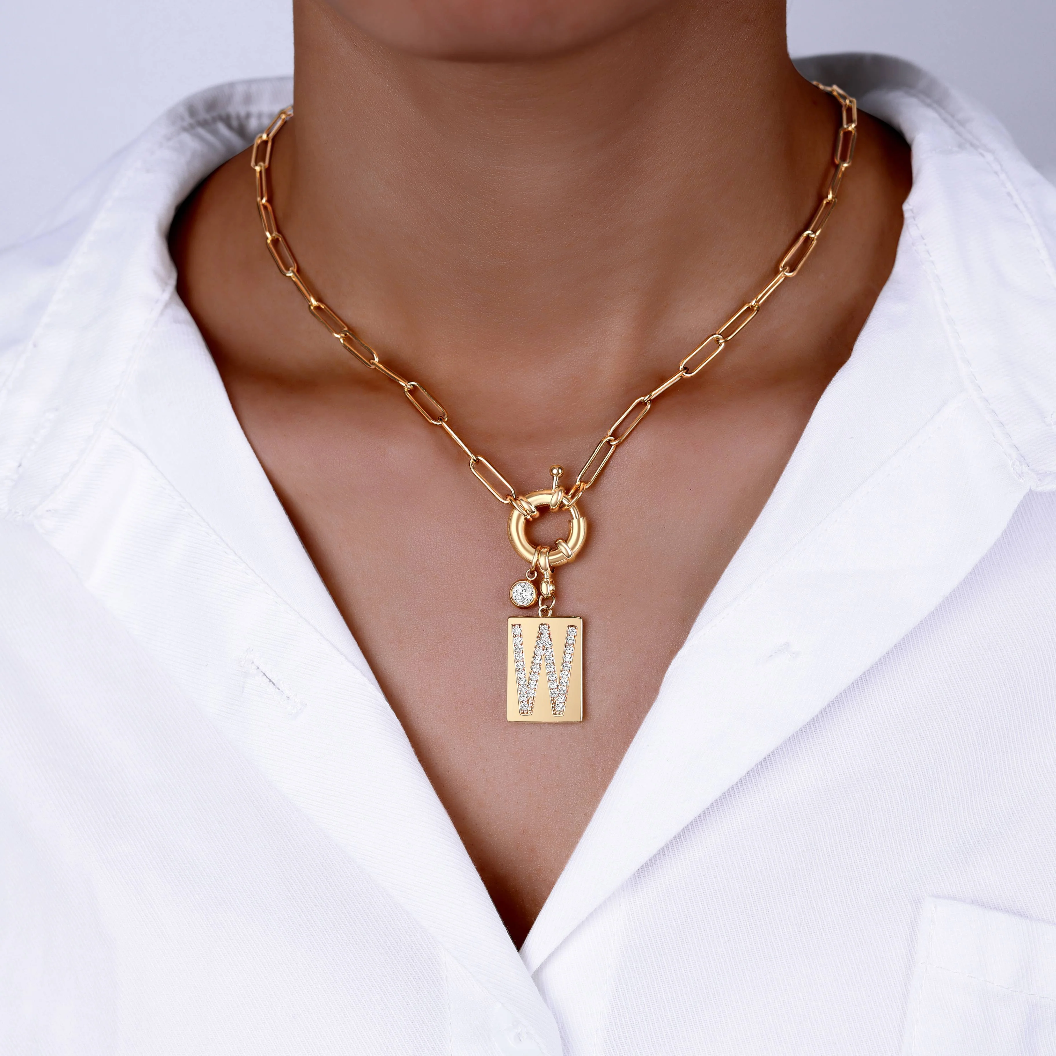 Pave Initial Pendant Necklace with Paperclip Chain - Image 45