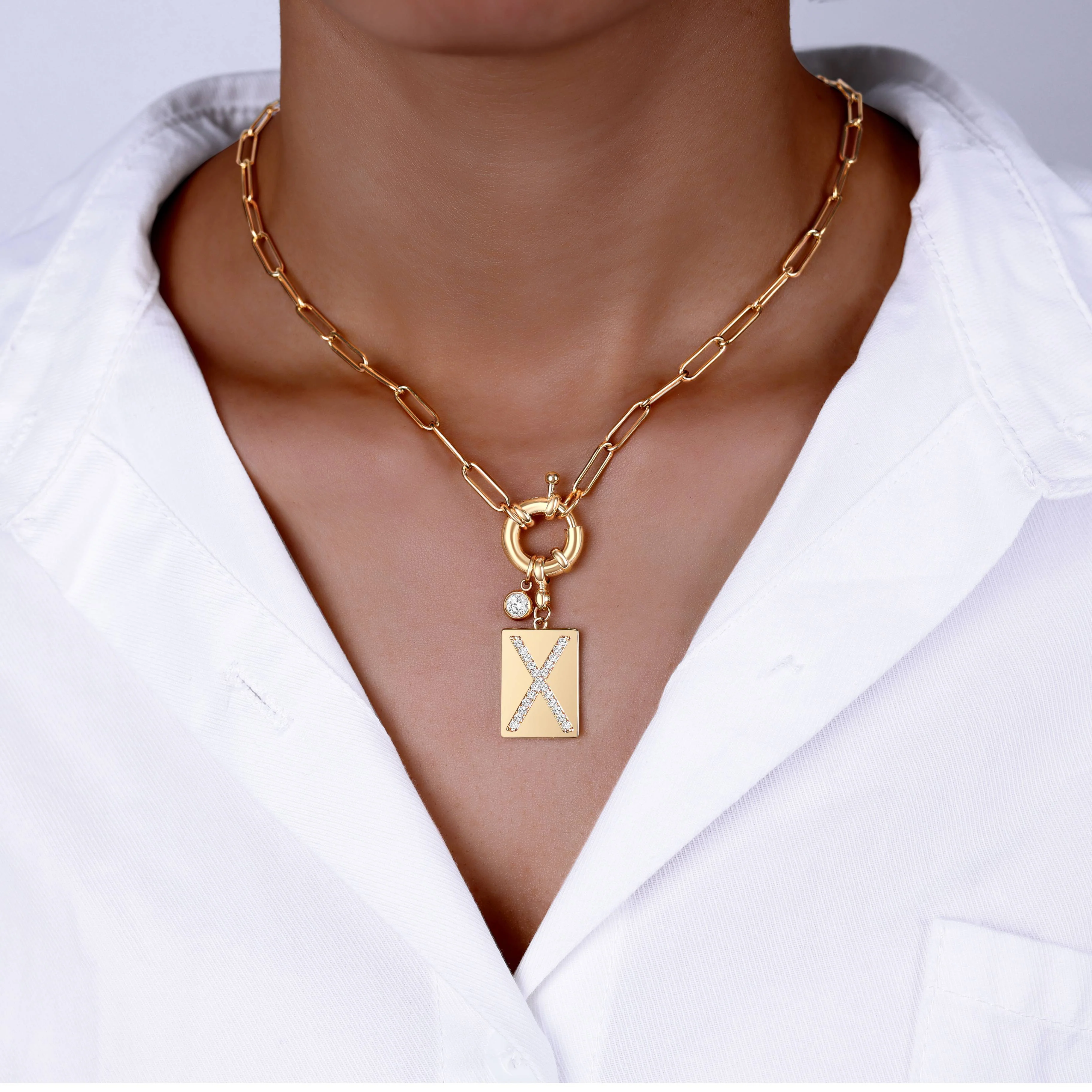 Pave Initial Pendant Necklace with Paperclip Chain - Image 46