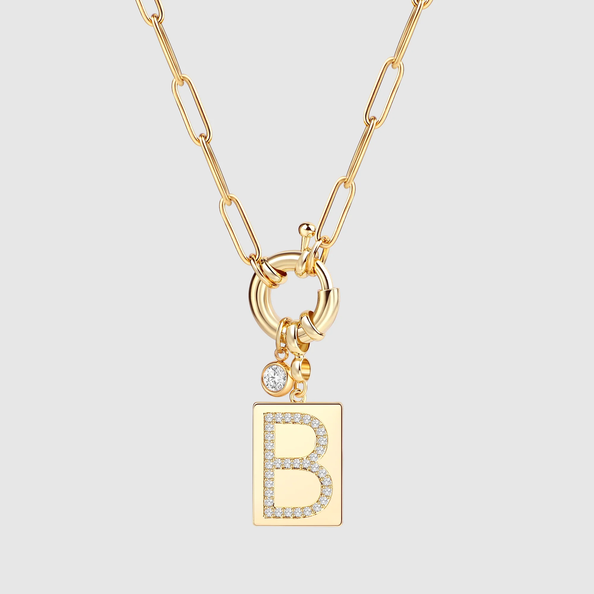 Pave Initial Pendant Necklace with Paperclip Chain - Image 49