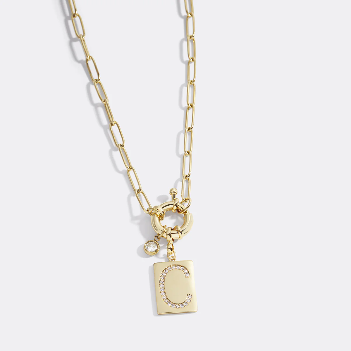 Pave Initial Pendant Necklace with Paperclip Chain - Image 5