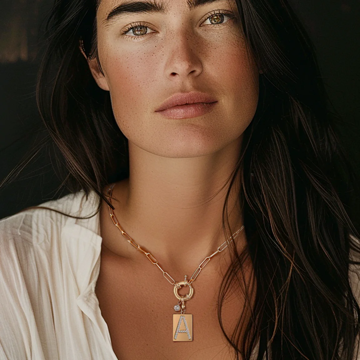 Pave Initial Pendant Necklace with Paperclip Chain - Image 50