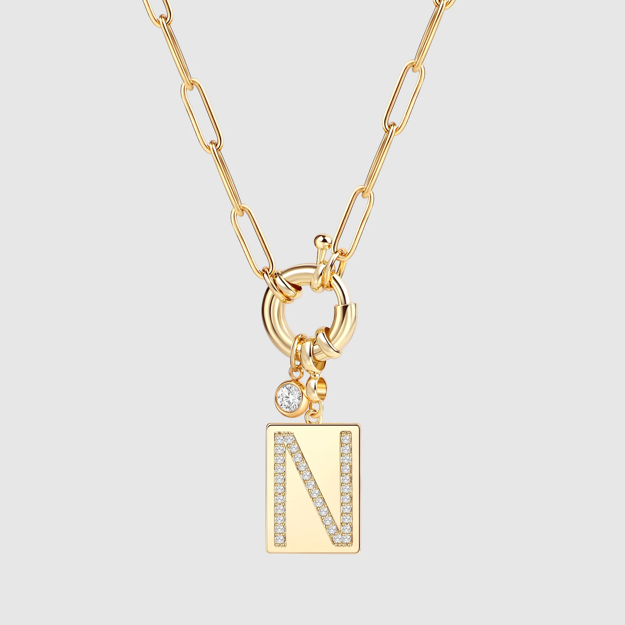 Pave Initial Pendant Necklace with Paperclip Chain - Image 62