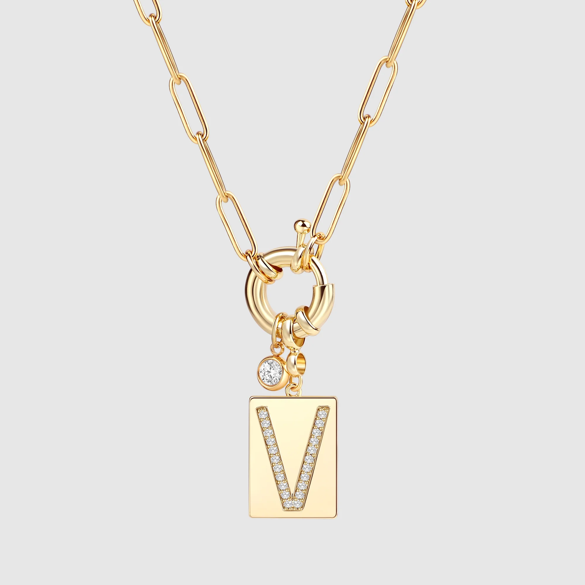 Pave Initial Pendant Necklace with Paperclip Chain - Image 70