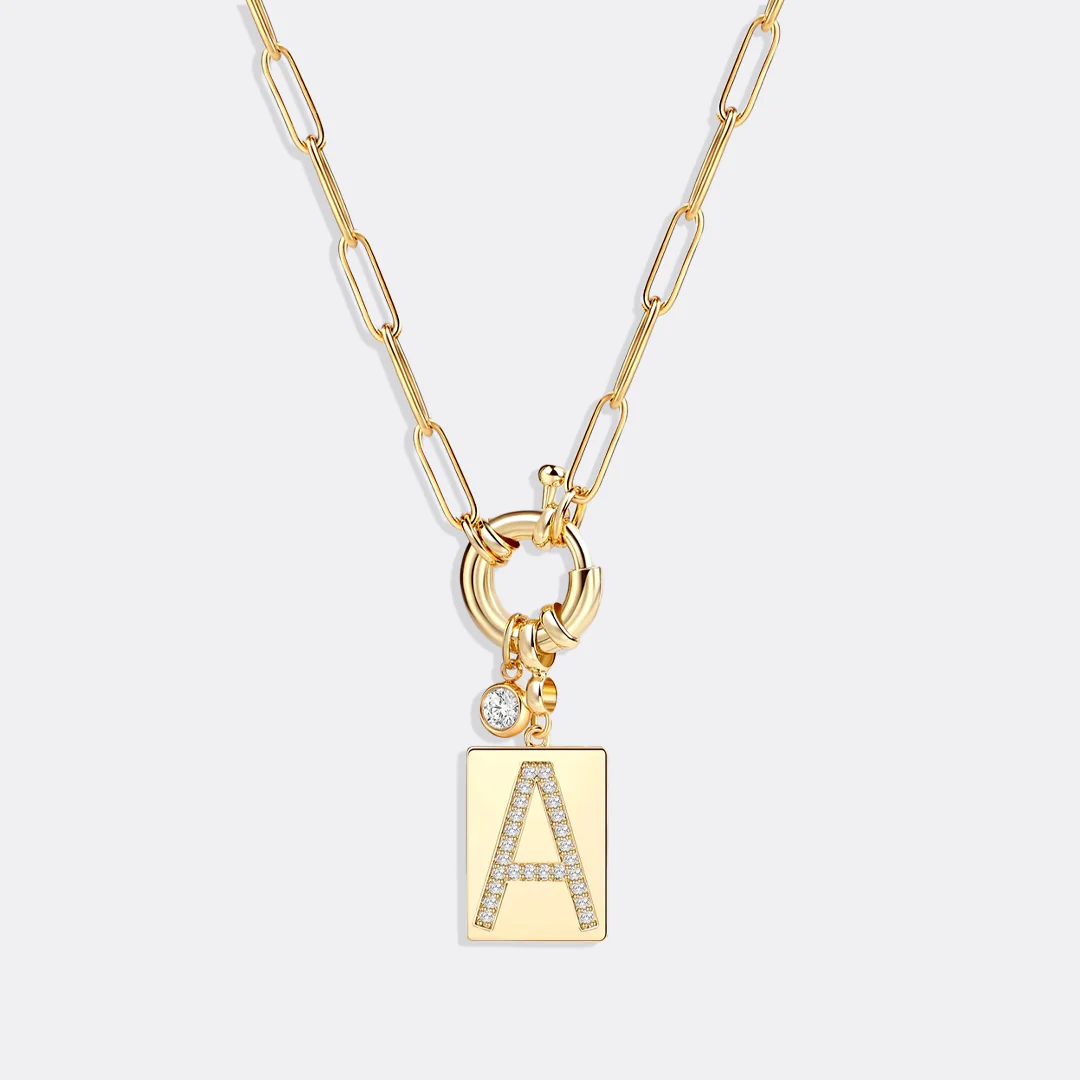 Pave Initial Pendant Necklace with Paperclip Chain - Image 76