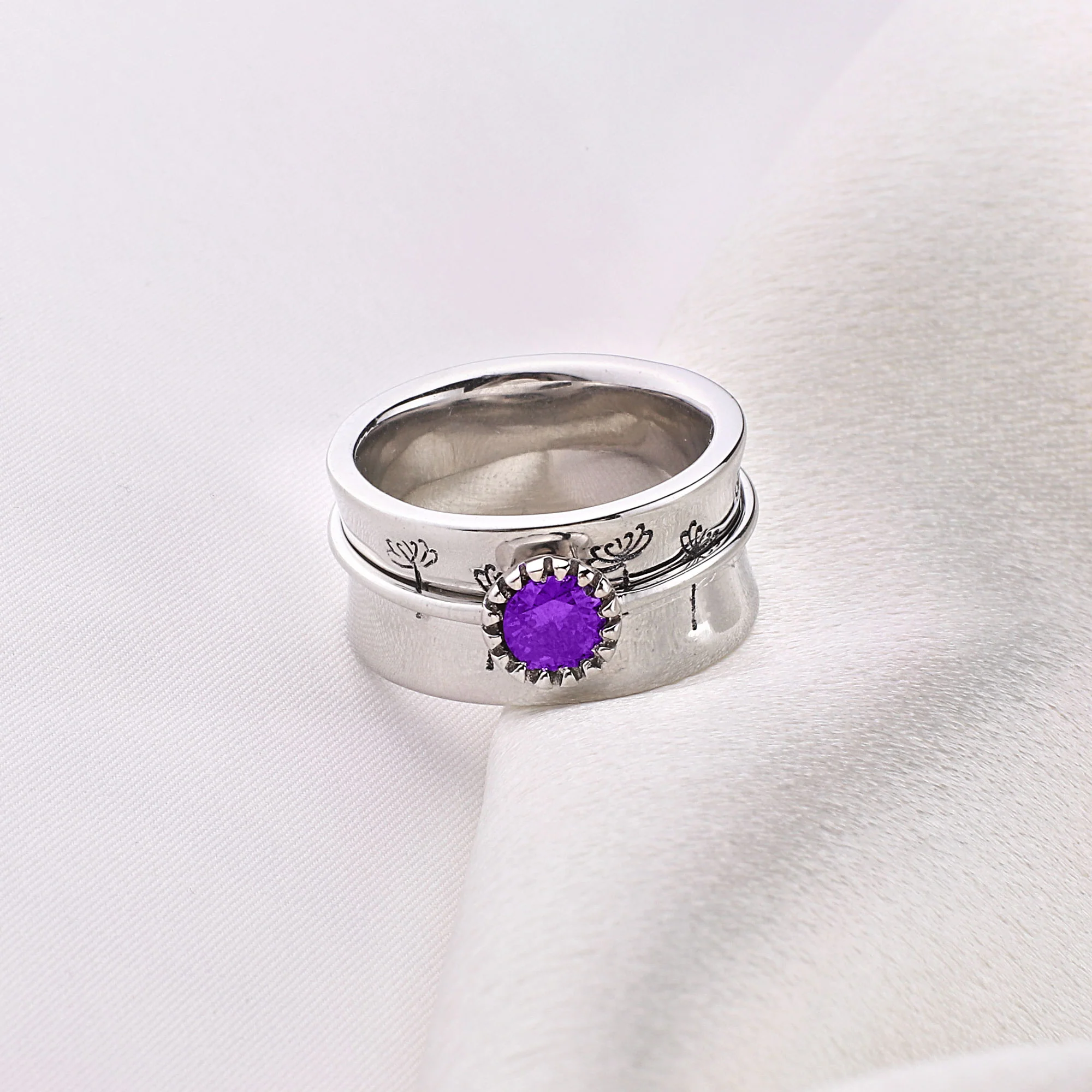 Silver Dandelion Birthstone Spinning Fidget Ring - Image 61