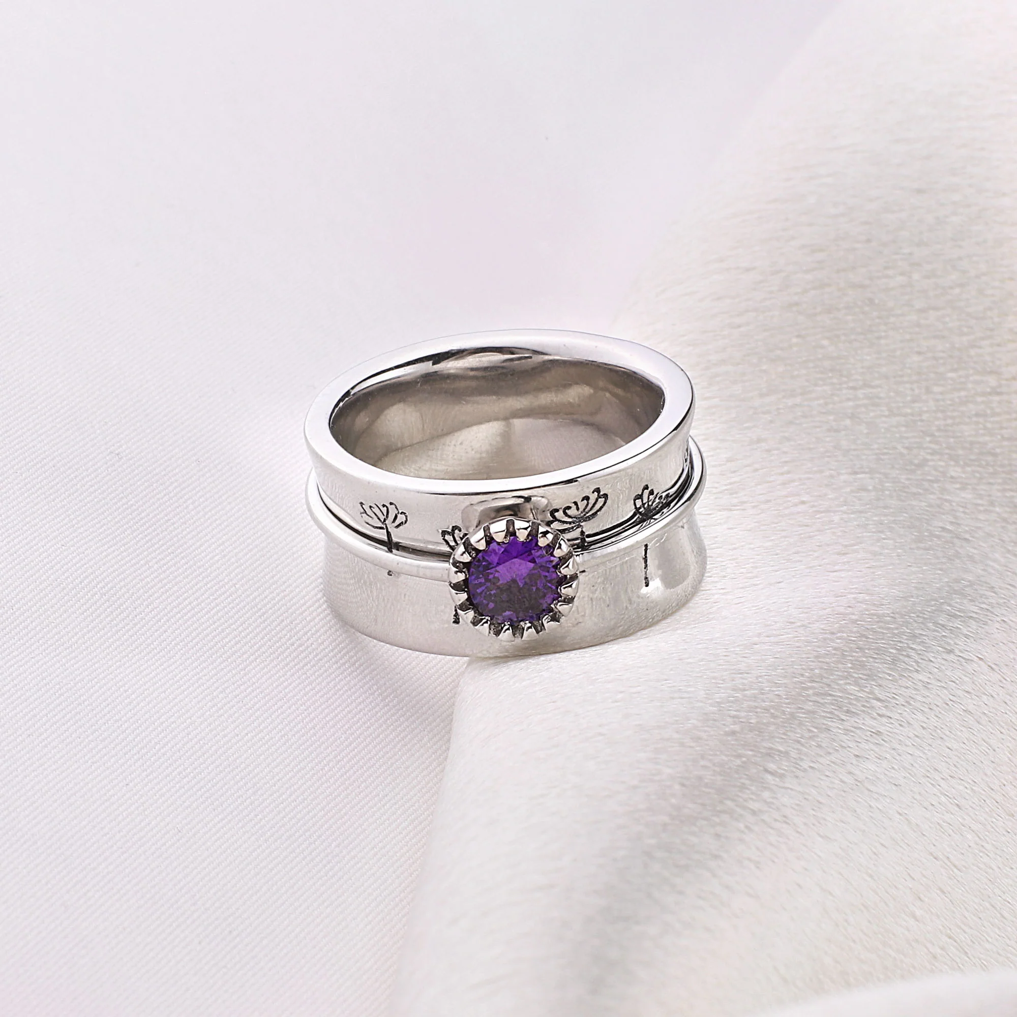 Silver Dandelion Birthstone Spinning Fidget Ring - Image 70