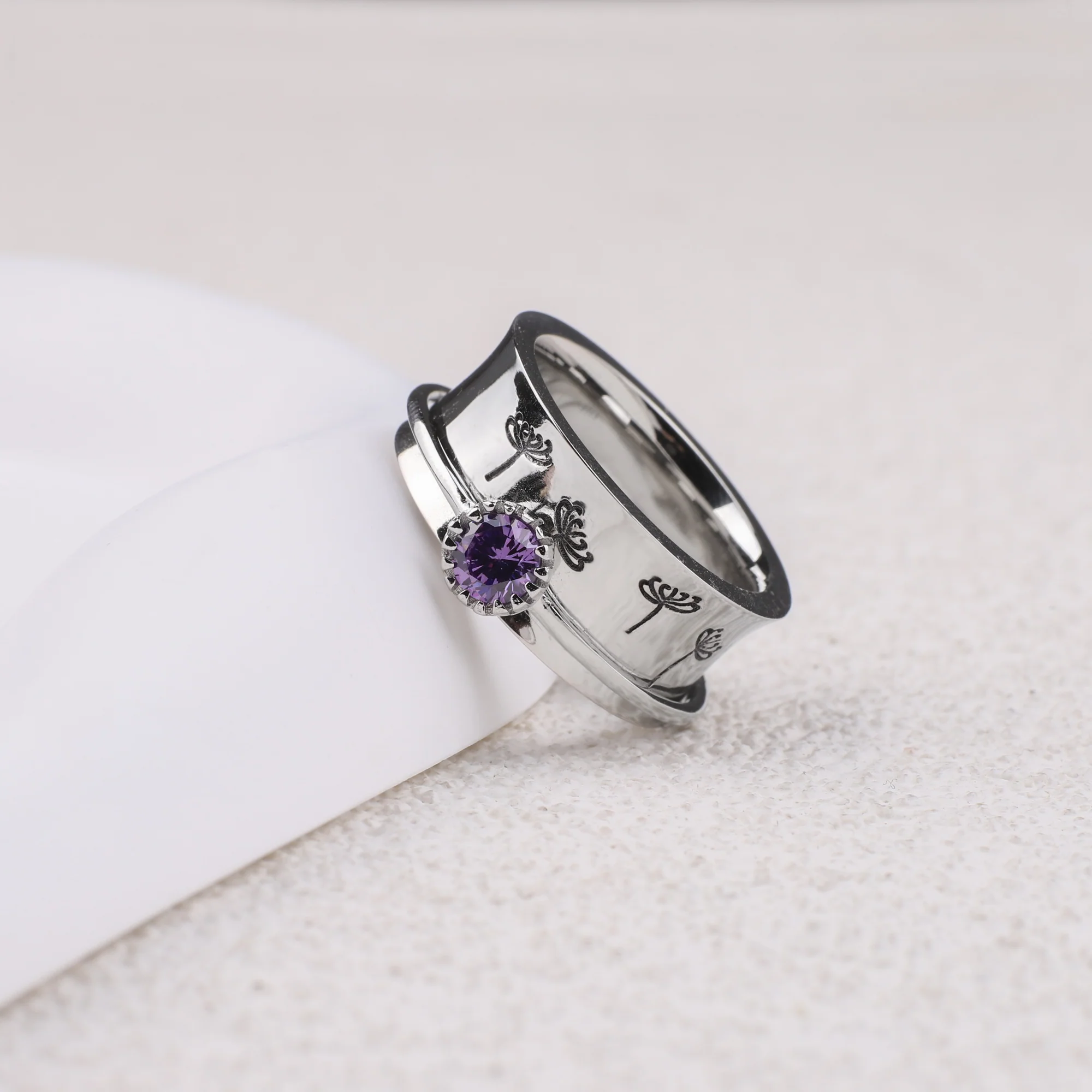 Silver Dandelion Birthstone Spinning Fidget Ring - Image 79