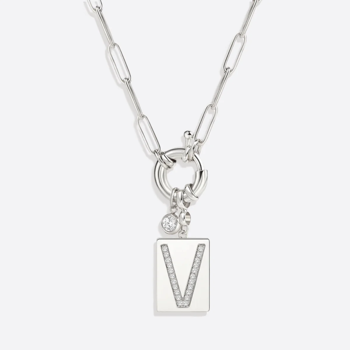 Pave Initial Pendant Necklace with Paperclip Chain - Image 10