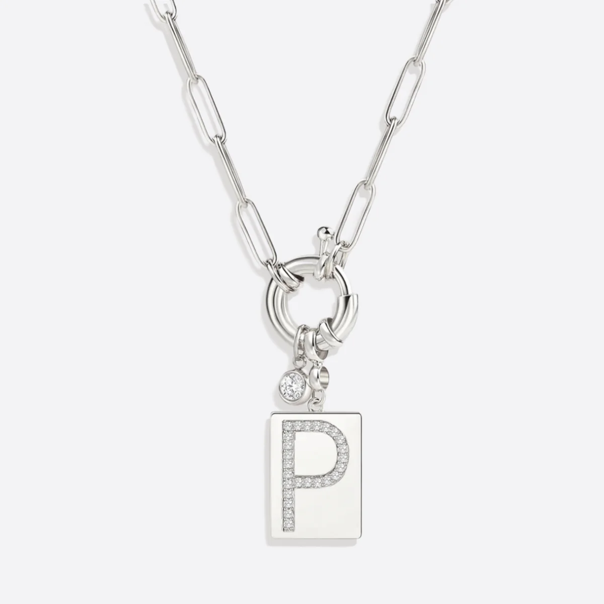Pave Initial Pendant Necklace with Paperclip Chain - Image 15