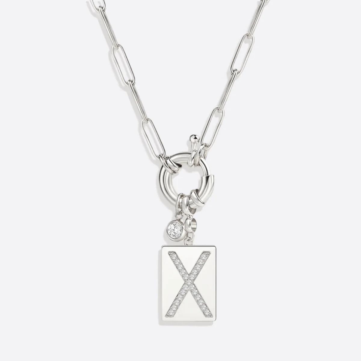 Pave Initial Pendant Necklace with Paperclip Chain - Image 8