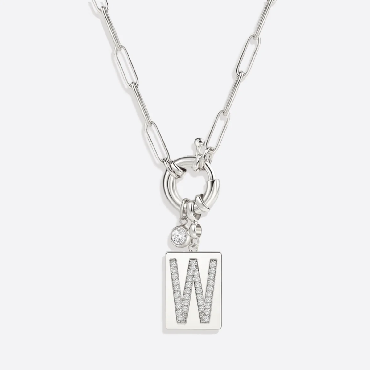 Pave Initial Pendant Necklace with Paperclip Chain - Image 9