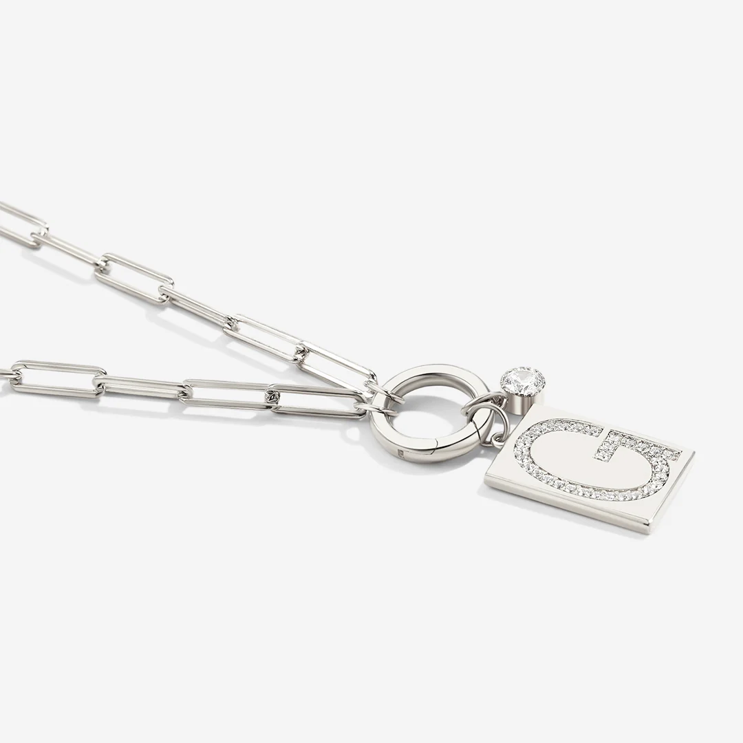 Sterling Silver Pave Initial Pendant Necklace with Paperclip Chain - Image 4