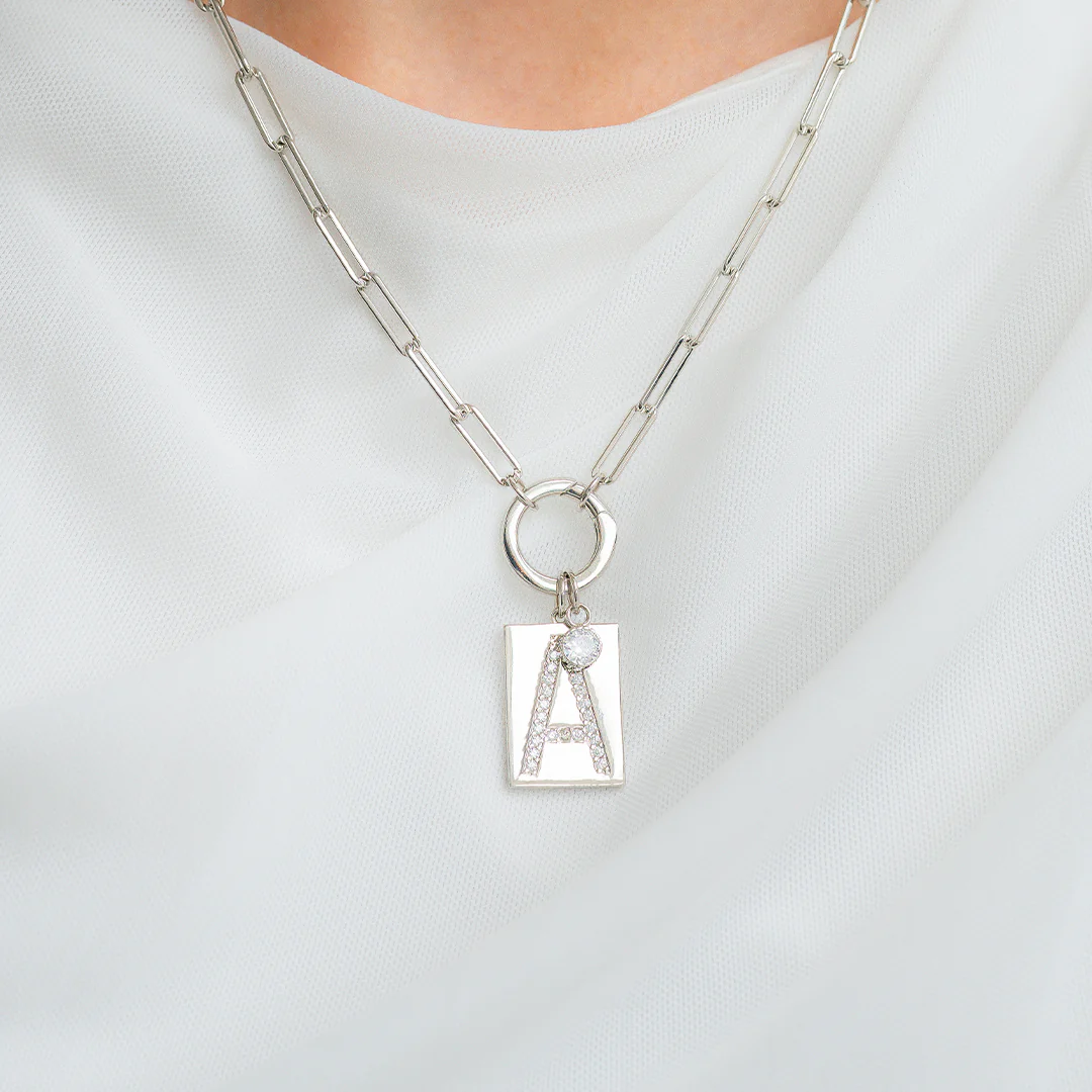Sterling Silver Pave Initial Pendant Necklace with Paperclip Chain - Image 9